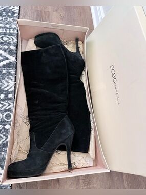 BCBGeneration Black Suede Knee High Platform Stiletto Boots